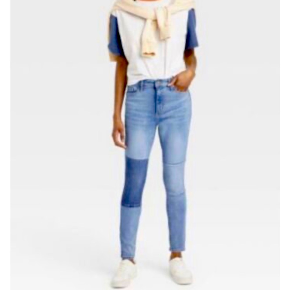 NWT Universal Thread Patchwork High Rise Skinny Jeans Size 12, Smooths & Sculps